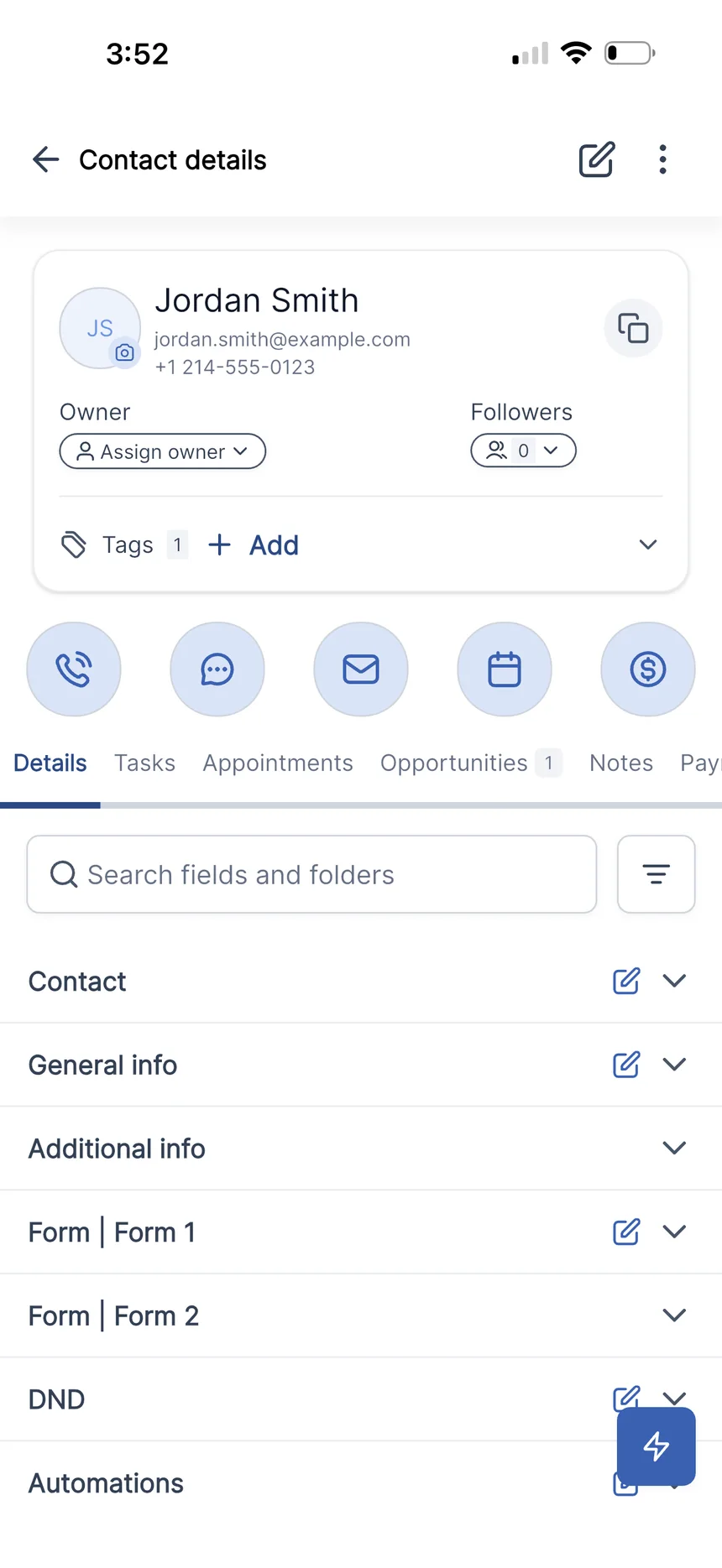 CLOSR customer record on a phone showing a contact profile with tasks, appointments, and opportunities