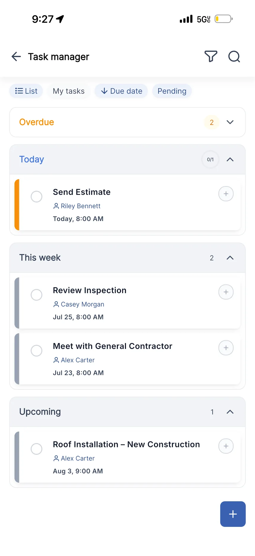 CLOSR task manager on a phone showing jobs grouped into overdue, today, this week, and upcoming
